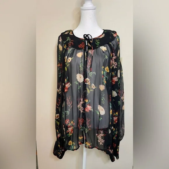 Anthropologie Women’s Sheer Neck Tie Button down Blouse Raglan Sleeve Size Xl. - Picture 5 of 17